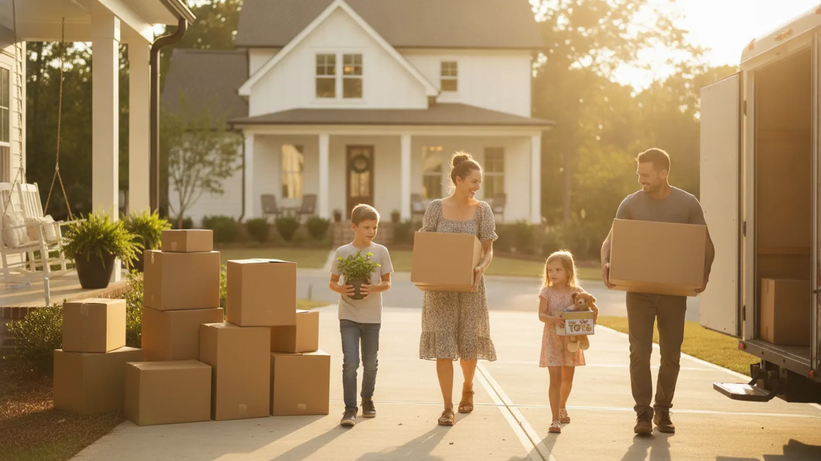 A family unloading a moving truck at a new home in a Carolina suburb